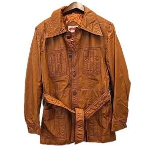 Vtg Rocky Mens Genuine Leather Belted Trench Coat Sz 40 Burnt Orange Jacket